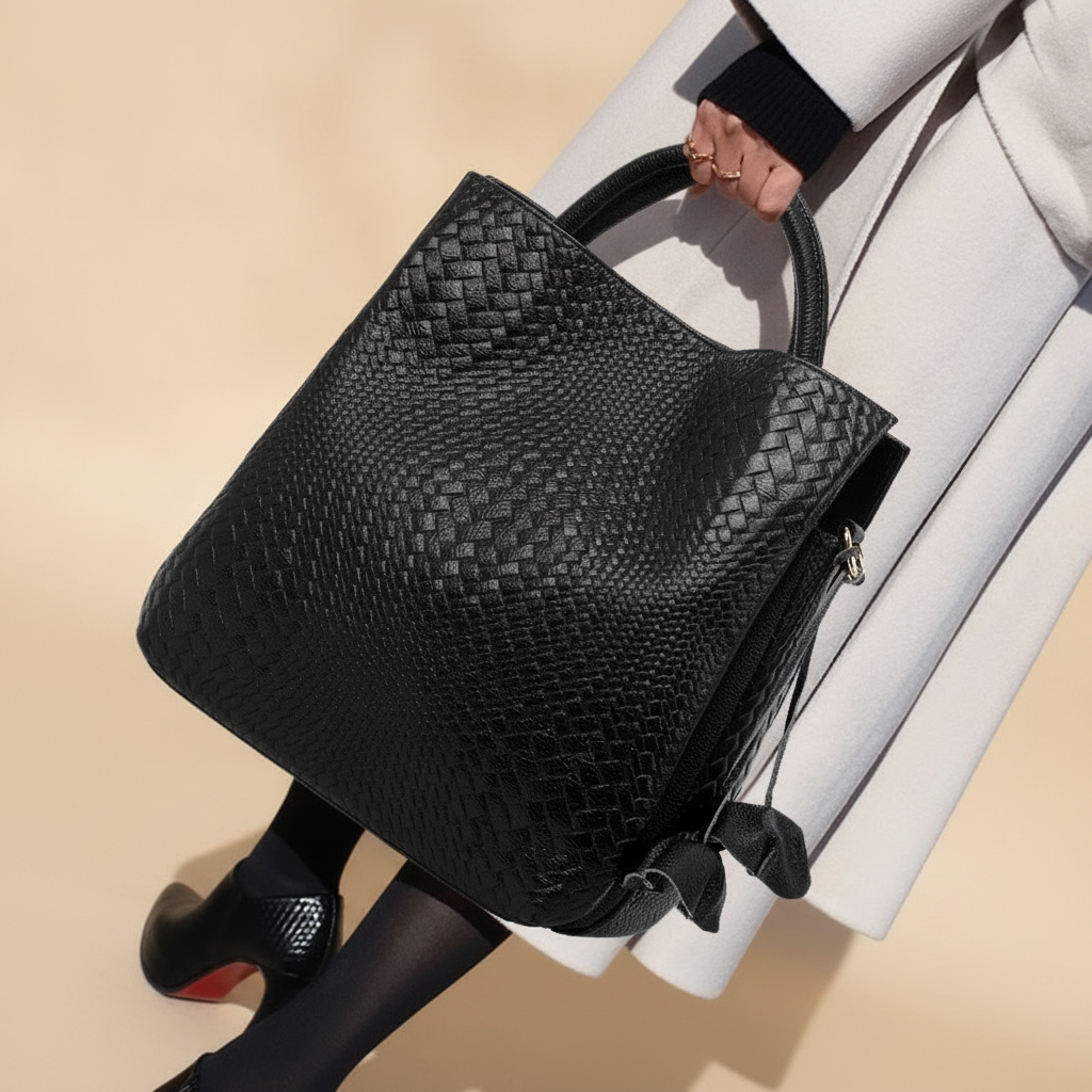Sac à main cuir véritable motifs tissés
